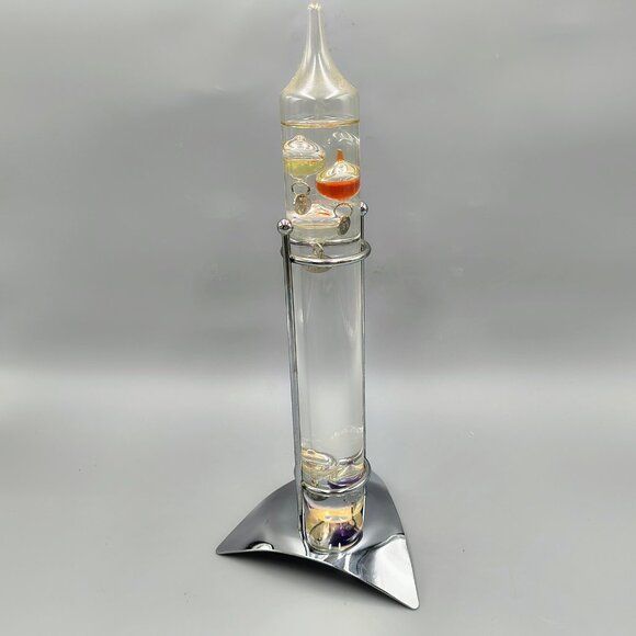 Vtg Galileo Glass Tube Scientific Thermometer 5 Balls Chrome Triangle Base MCM - Picture 1 of 7